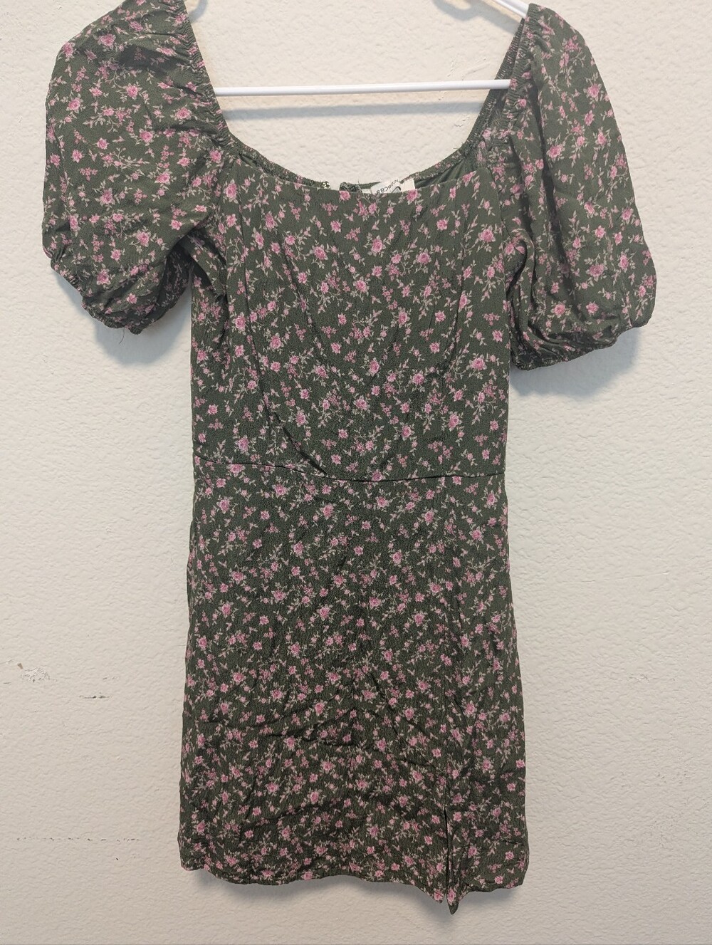Francesca's Collections Olive Green Mini Dress with Pink Floral Print